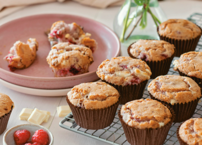 Vegan raspberry and white chocolate muffins