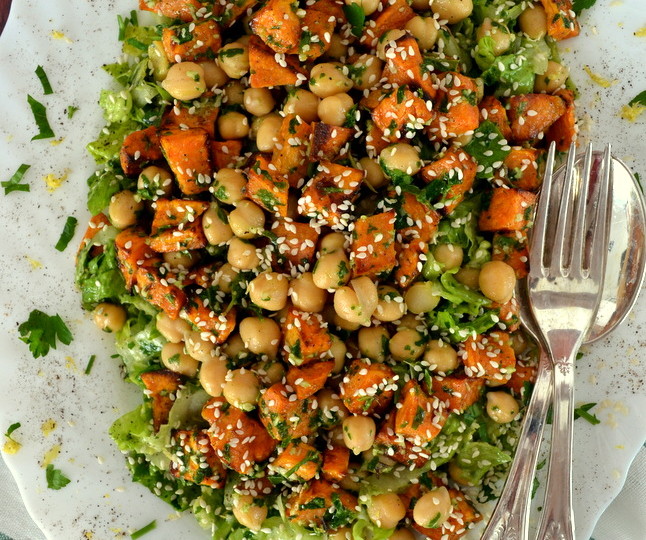Pesto Salad with Chickpeas and Sweet Potatoes