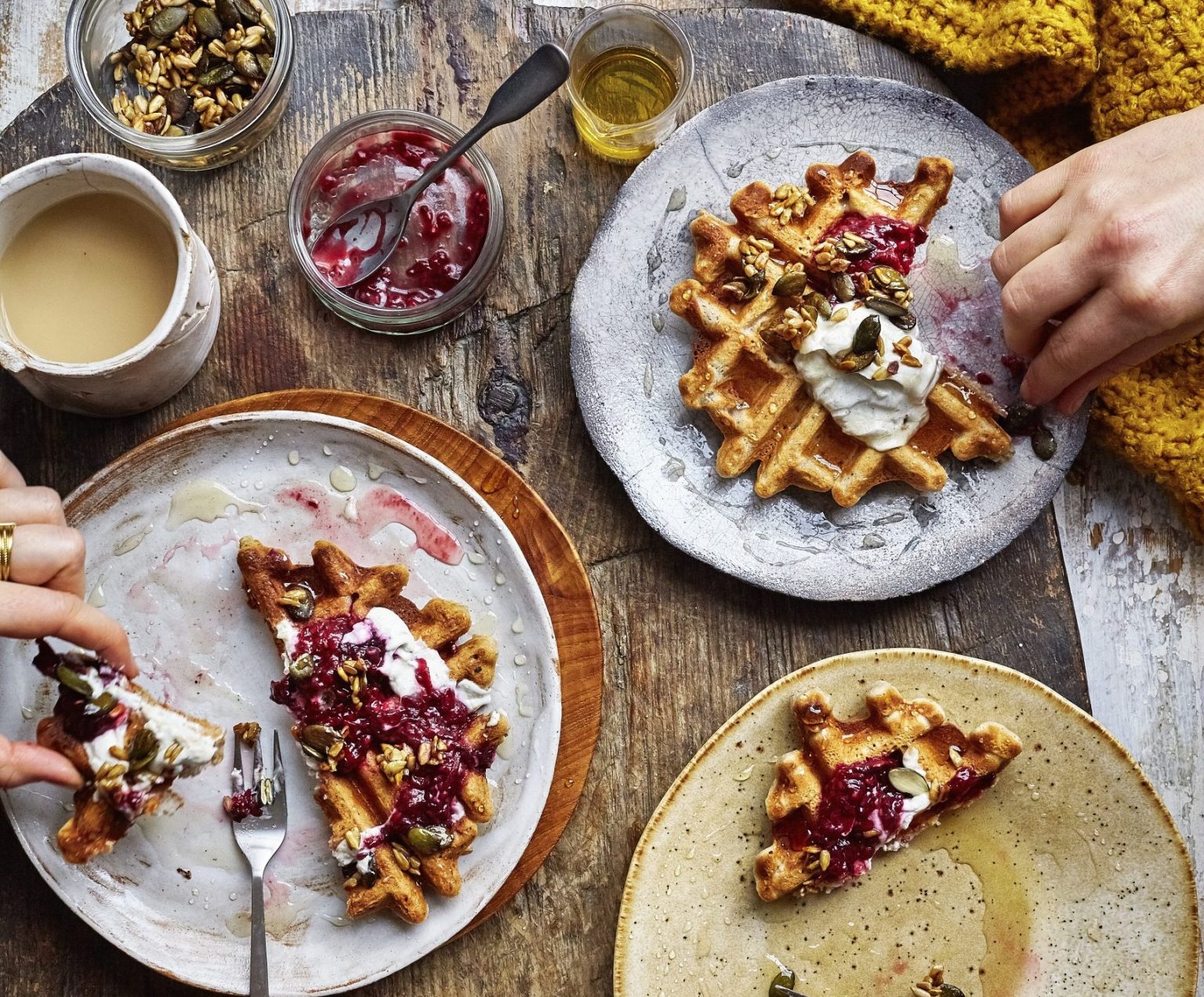 Vegan Wild Raspberry Waffles with Hemp Yogurt and Candied Seeds