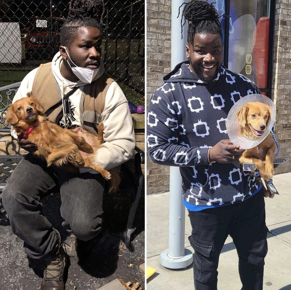 Two pictures of men holding a rescued dog