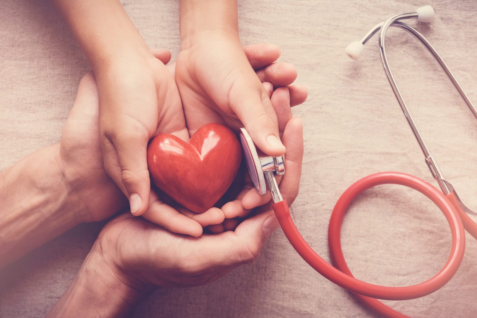 child and adult holding red heart with stethoscope, heart health