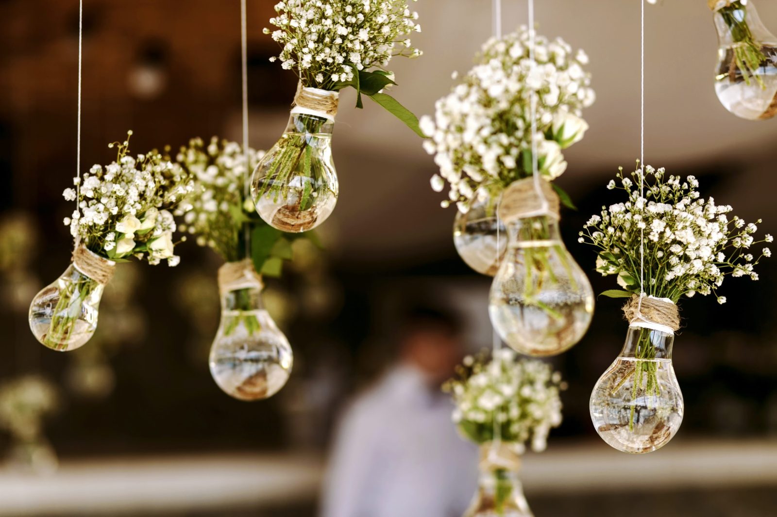 Wedding flower decorations in old lightbulbs