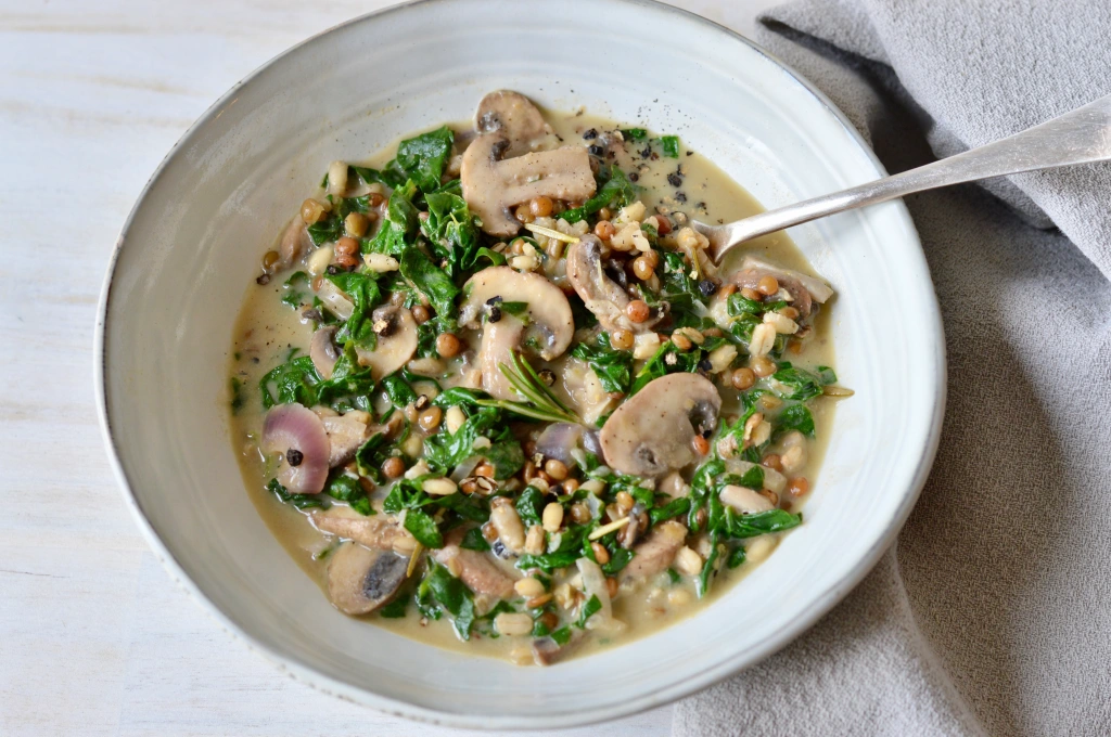 Vegan Creamy Mushroom Lentils with Barley and Spinach