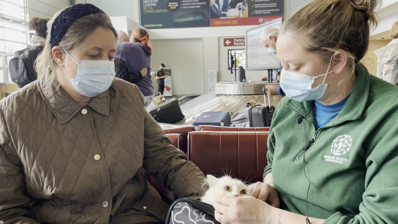 Two women with a white cat in the airport