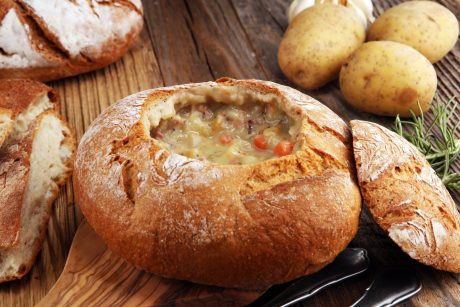 Bread bowl with soup inside