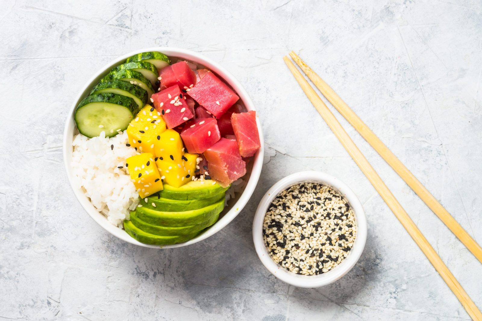 Poke bowl with seeds on side