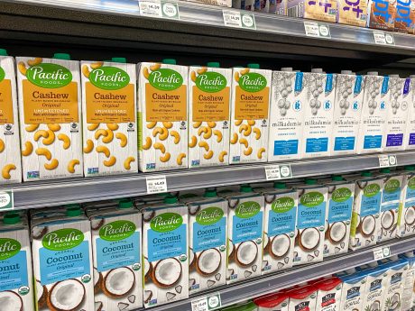 Plant-based milks in grocery store
