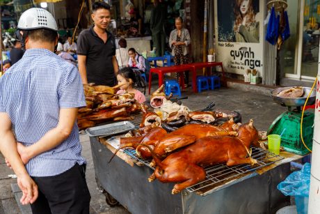 Dog meat on grill in streets of Vietnam