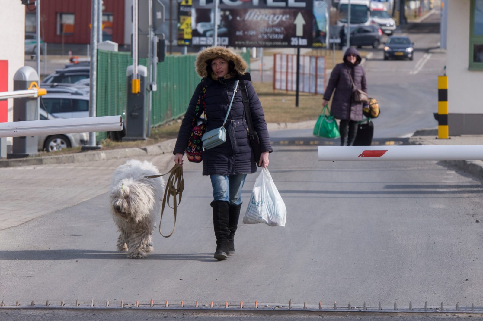 Woman walking dog past border in Ukraine