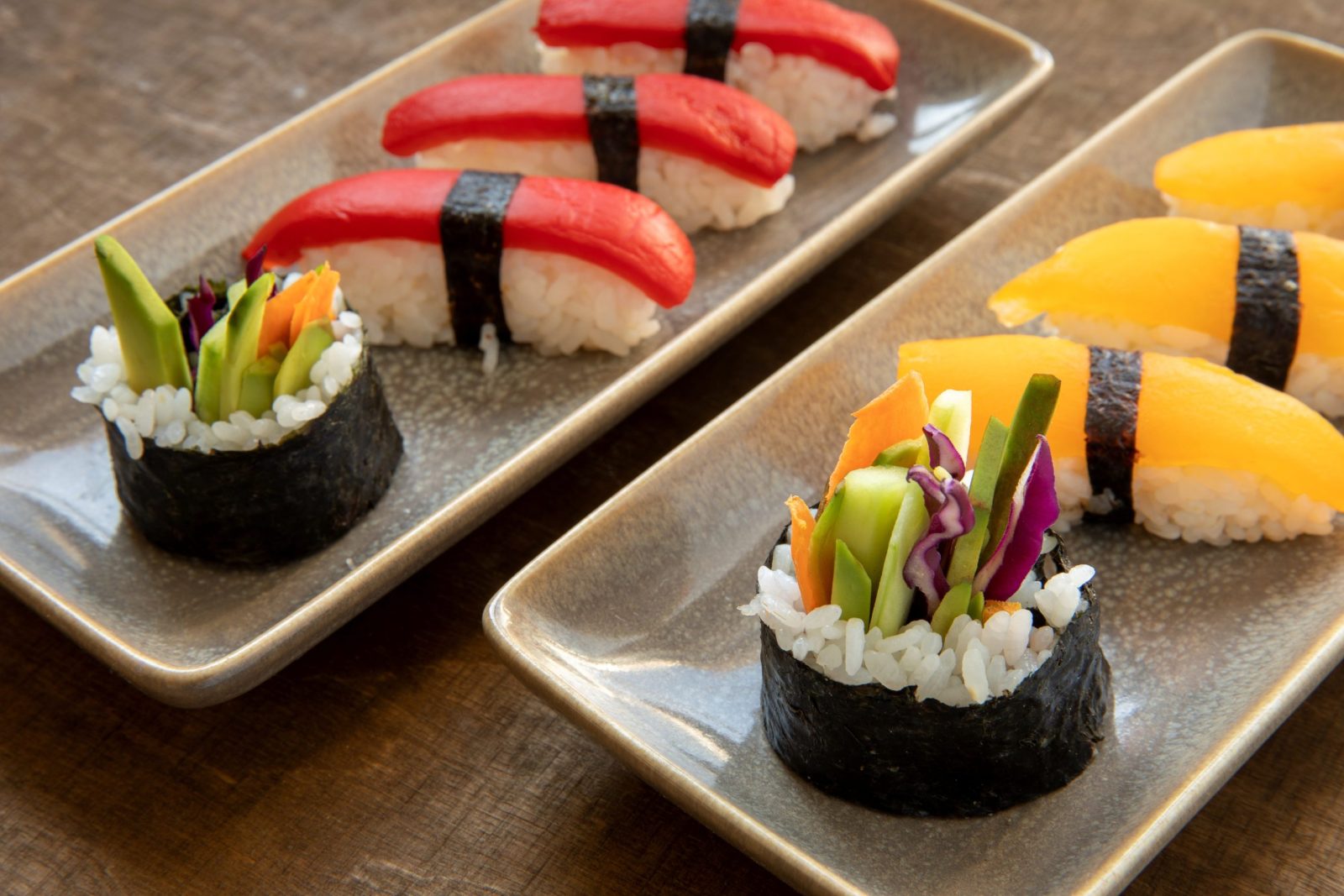 Vegan sushi nigiri and vegan roll
